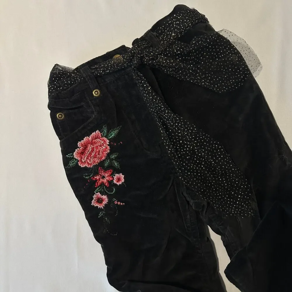 Vintage 2000s Y2K George Floral Embroidered Black Velour Jeans w/ Sheer Belt 24m